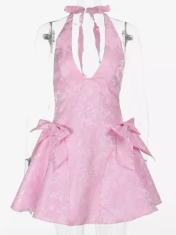 Robe mini jacquard dos nu à col halter pour femme - Robe patineuse trapèze dos nu avec grands n艙uds - Fête d'anniversaire d'été 2026