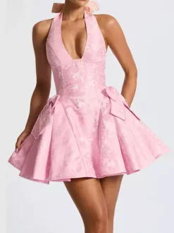 Robe mini jacquard dos nu à col halter pour femme - Robe patineuse trapèze dos nu avec grands n艙uds - Fête d'anniversaire d'été 2026