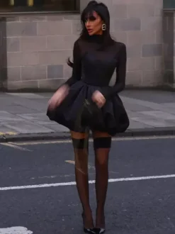 Robe mini à manches en résille pour femme - Noir élégant col montant bouffant style patineuse - Soirée cocktail printemps-été 2026