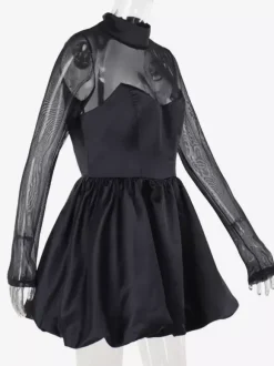 Robe mini à manches en résille pour femme - Noir élégant col montant bouffant style patineuse - Soirée cocktail printemps-été 2026