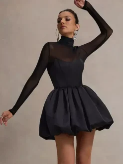 Robe mini à manches en résille pour femme - Noir élégant col montant bouffant style patineuse - Soirée cocktail printemps-été 2026