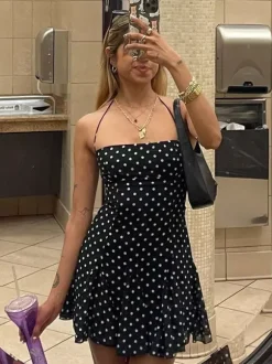Robe mini pour femme sans manches dos nu taille haute noire chic