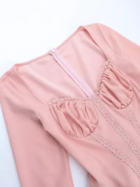 Robe mini rose trapèze style corset pour femme - Empiècements en dentelle Coquette manches longues - Fête d'anniversaire printanière 2026