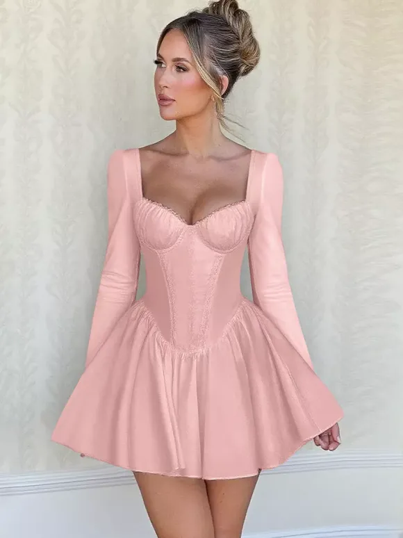 Robe mini rose trapèze style corset pour femme - Empiècements en dentelle Coquette manches longues - Fête d'anniversaire printanière 2026