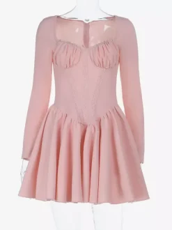 Robe mini rose trapèze style corset pour femme - Empiècements en dentelle Coquette manches longues - Fête d'anniversaire printanière 2026
