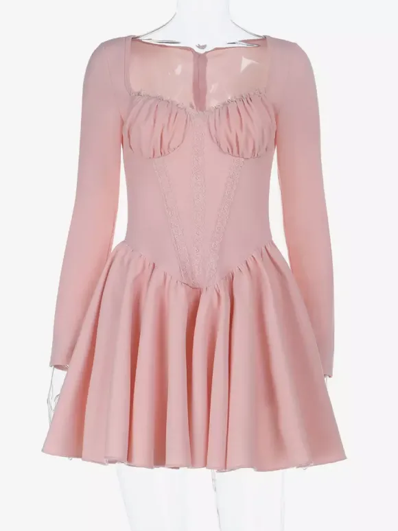 Robe mini rose trapèze style corset pour femme - Empiècements en dentelle Coquette manches longues - Fête d'anniversaire printanière 2026