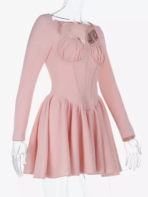 Robe mini rose trapèze style corset pour femme - Empiècements en dentelle Coquette manches longues - Fête d'anniversaire printanière 2026