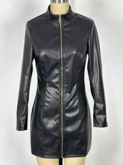 Robe mini sexy en similicuir à col montant manches longues et fermeture éclair sur le devant pour femme 2026