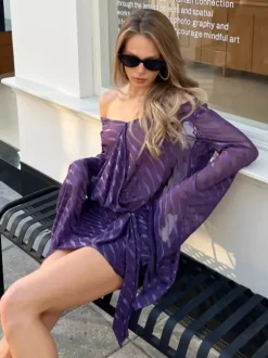 Robe mini transparente dos nu pour femme - Décolleté en V sexy manches longues à nouer sur le devant coupe moulante froncée - Idéale pour une soirée d'été en boîte de nuit 2026