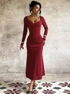 Robe moulante bordeaux élégante pour femme - Robe longue vintage à manches longues et taille corset - Robe de soirée printemps 2026