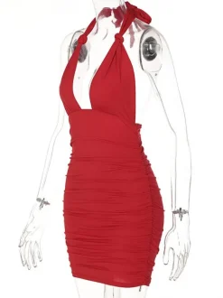Robe Moulante Courte Femme avec Bretelles à Col Décolleté en V Coupe Cintrée Unicolore