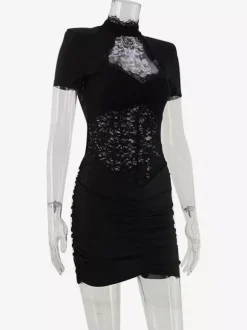 Robe moulante en dentelle transparente ajourée pour femme - Robe fourreau mini froncée style gothique chic noir - Idéale pour une soirée d'été 2026