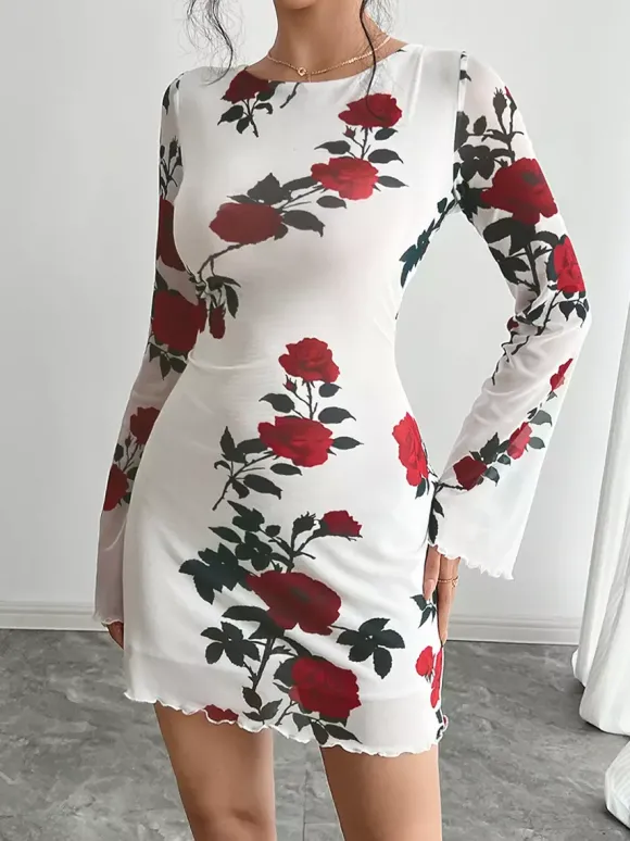 Robe moulante mini dos nu à imprimé rose et manches évasées en résille pour femme 2026