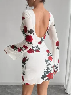 Robe moulante mini dos nu à imprimé rose et manches évasées en résille pour femme 2026