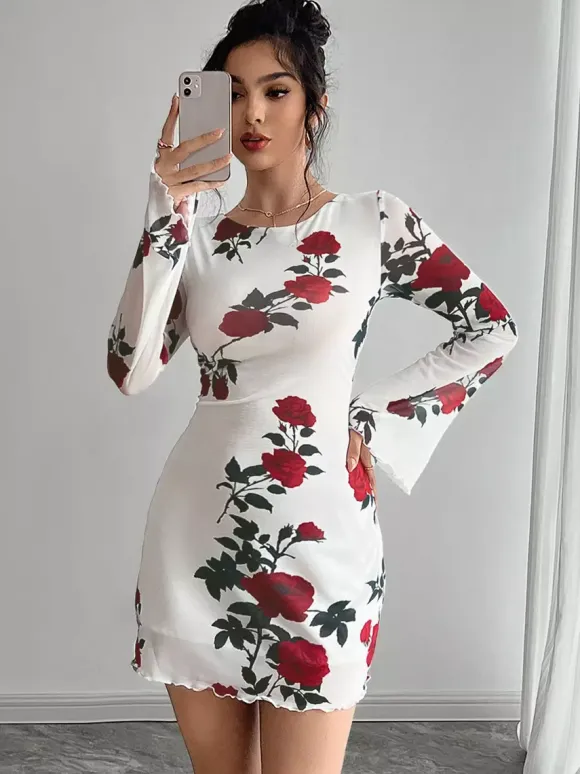 Robe moulante mini dos nu à imprimé rose et manches évasées en résille pour femme 2026