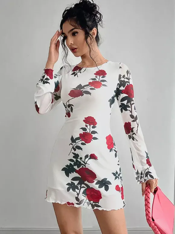 Robe moulante mini dos nu à imprimé rose et manches évasées en résille pour femme 2026