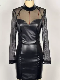 Robe moulante mini en similicuir et patchwork de maille noire pour femme 2026