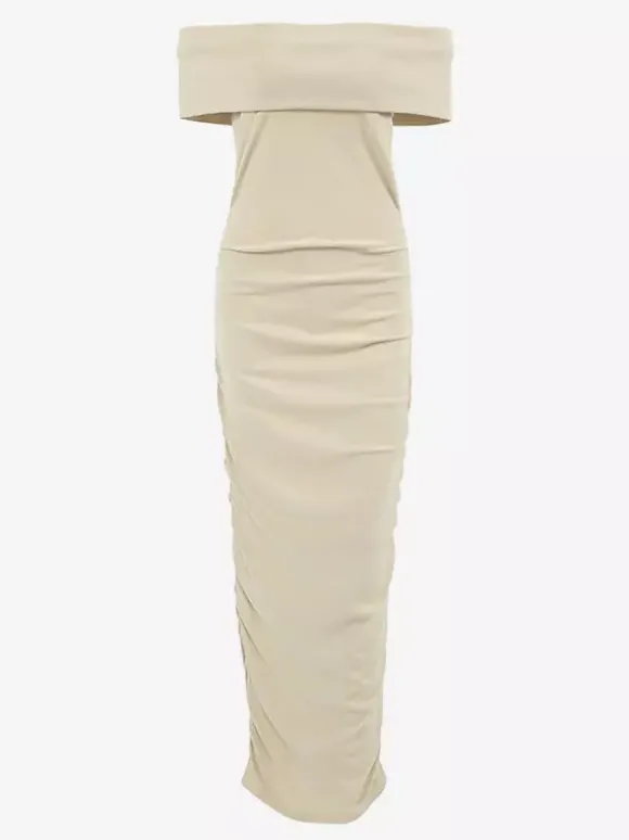 Robe moulante à épaules dénudées coupe ajustée élégante semi-formelle robe longue froncée pour femmes 2026