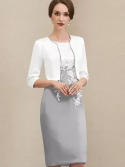 Robe mère à col bijou manches courtes robes d'invitées courtes en dentelle pour mariage