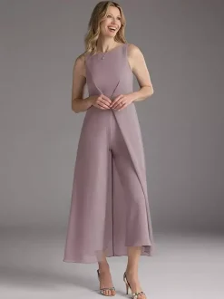 Robe mère de la mariée col bijou sans manches deux pièces plissée longueur thé robes d'invitées pour mariage