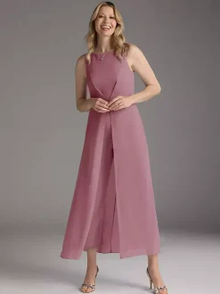 Robe mère de la mariée col bijou sans manches deux pièces plissée longueur thé robes d'invitées pour mariage