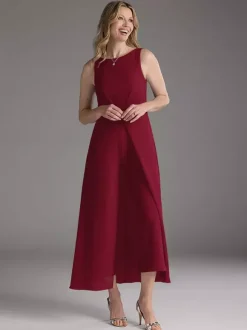 Robe mère de la mariée col bijou sans manches deux pièces plissée longueur thé robes d'invitées pour mariage