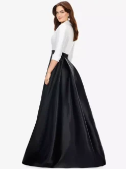 Robe mère de la mariée à col en V et manches 3/4 avec ceinture et traîne