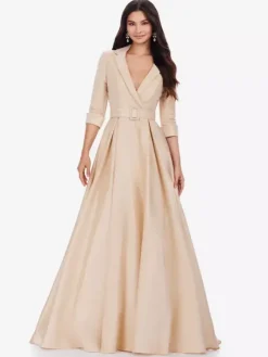 Robe mère de la mariée à col en V et manches 3/4 avec ceinture et traîne