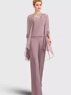 Robe mère de la mariée 3 pièces décolleté illusion manches 3/4 en dentelle pour invitée de mariage