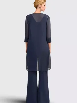 Robe mère de la mariée 3 pièces décolleté illusion manches 3/4 en dentelle pour invitée de mariage