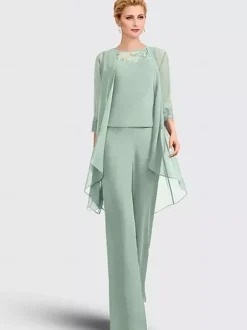 Robe mère de la mariée 3 pièces décolleté illusion manches 3/4 en dentelle pour invitée de mariage