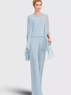 Robe mère de la mariée 3 pièces décolleté illusion manches 3/4 en dentelle pour invitée de mariage