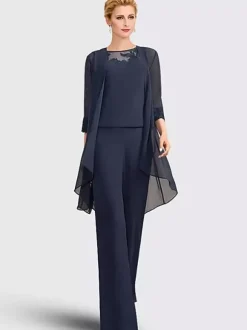Robe mère de la mariée 3 pièces décolleté illusion manches 3/4 en dentelle pour invitée de mariage