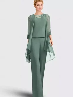 Robe mère de la mariée 3 pièces décolleté illusion manches 3/4 en dentelle pour invitée de mariage