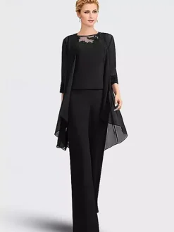 Robe mère de la mariée 3 pièces décolleté illusion manches 3/4 en dentelle pour invitée de mariage