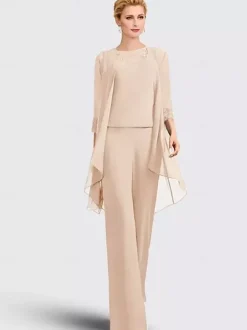 Robe mère de la mariée 3 pièces décolleté illusion manches 3/4 en dentelle pour invitée de mariage