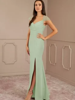 Robe mère de la sirène plissée col en V manches courtes robes d'invitées de mariage