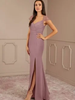 Robe mère de la sirène plissée col en V manches courtes robes d'invitées de mariage
