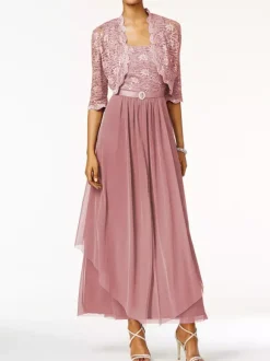Robe mère de mariée 2 pièces col rond jupe plissée à la cheville