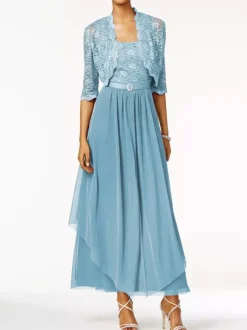Robe mère de mariée 2 pièces col rond jupe plissée à la cheville