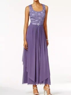 Robe mère de mariée 2 pièces col rond jupe plissée à la cheville