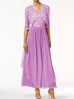 Robe mère de mariée 2 pièces col rond jupe plissée à la cheville