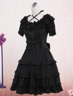 Robe noire classique Lolita mignonne  coton une pièce  manches courtes Déguisements