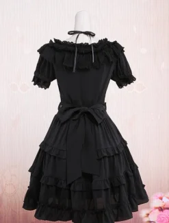 Robe noire classique Lolita mignonne  coton une pièce  manches courtes Déguisements