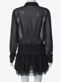 Robe noire décontractée mini plissée à manches longues et col en V pour une soirée en amoureux