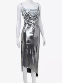 Robe nuisette argentée à col bénitier métallisé pour femme - Robe asymétrique sexy argentée à dos découpé et fente midi - Soirée en boîte de nuit d'été 2026