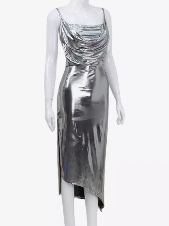 Robe nuisette argentée à col bénitier métallisé pour femme - Robe asymétrique sexy argentée à dos découpé et fente midi - Soirée en boîte de nuit d'été 2026