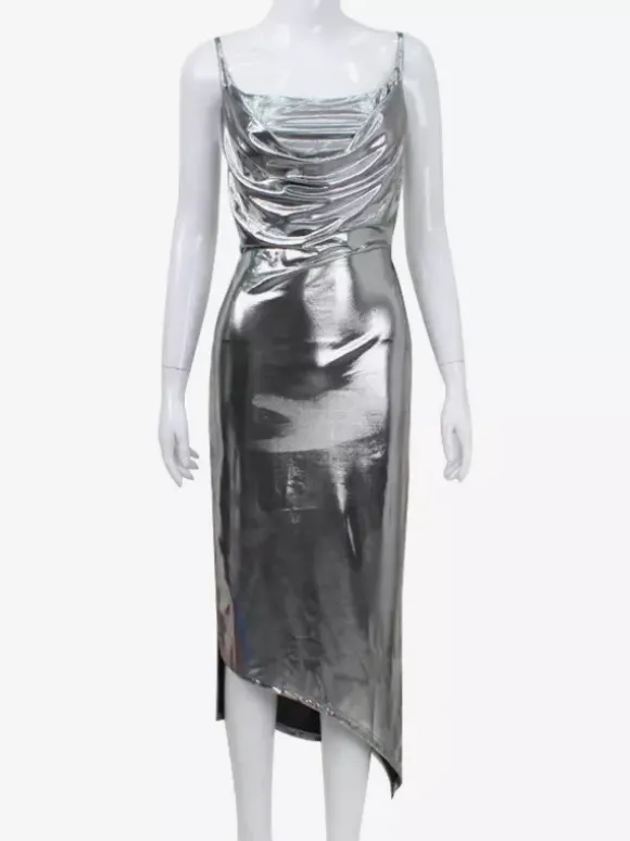 Robe nuisette argentée à col bénitier métallisé pour femme - Robe asymétrique sexy argentée à dos découpé et fente midi - Soirée en boîte de nuit d'été 2026