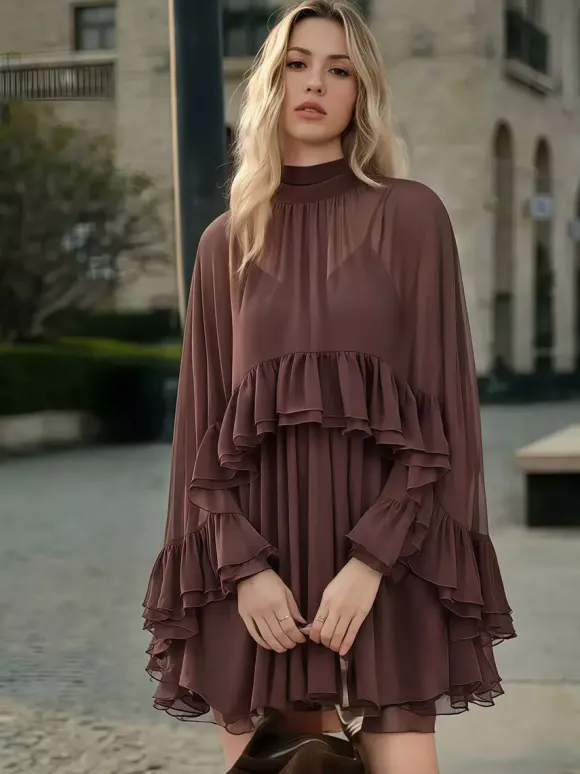 Robe nuisette courte en mousseline avec cape pour femme - Ensemble élégant à volants superposés 2 pièces - Idéale pour les invités de mariage les fêtes et les cocktails de printemps 2026