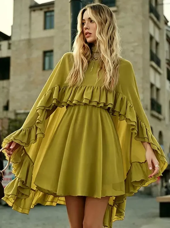 Robe nuisette courte en mousseline avec cape pour femme - Ensemble élégant à volants superposés 2 pièces - Idéale pour les invités de mariage les fêtes et les cocktails de printemps 2026